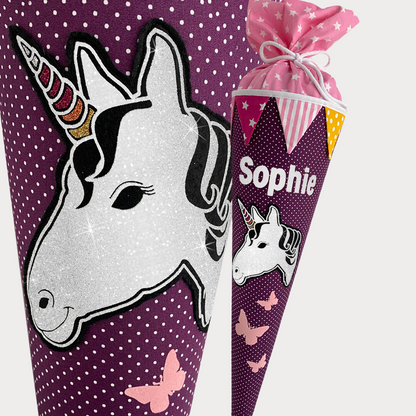 Einhorn 70 cm Lila mit Wimpel und Schmetterlinge