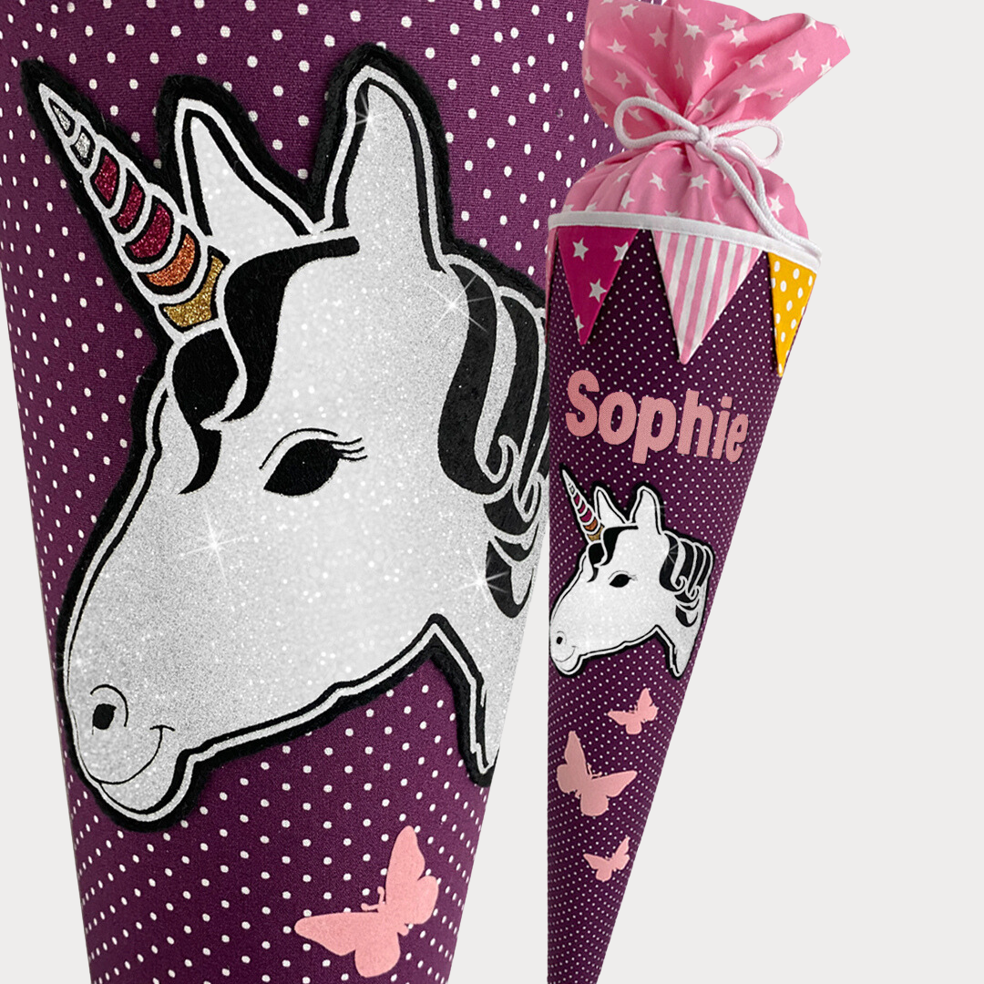 Einhorn 85 cm Lila mit Wimpel und Schmetterlinge
