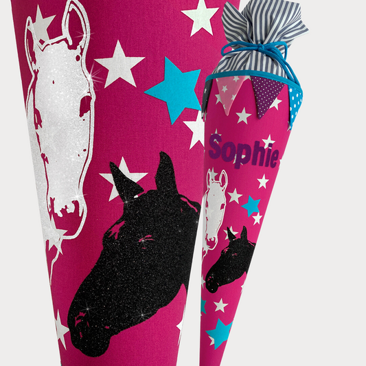 Pferde Schultüte pink schwarz und weiss 70